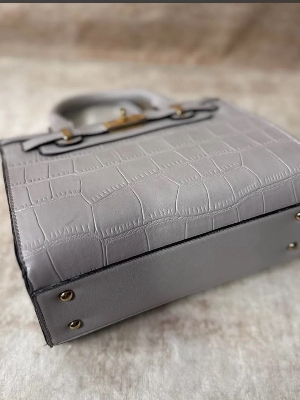 Structured Croc-Embossed Top-Handle Bag in Light Gray